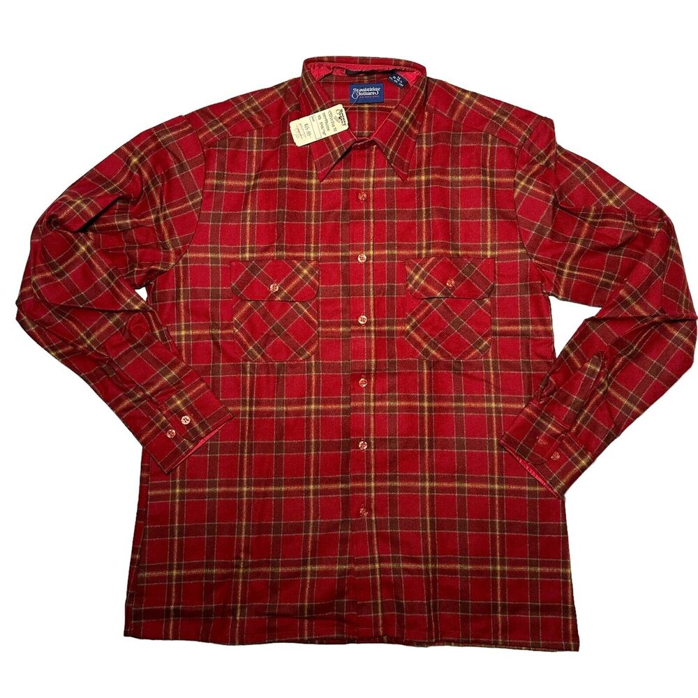 Vintage 70s Strawbridge And Clothier Red Plaid Acrylic Button Down Shirt NWT